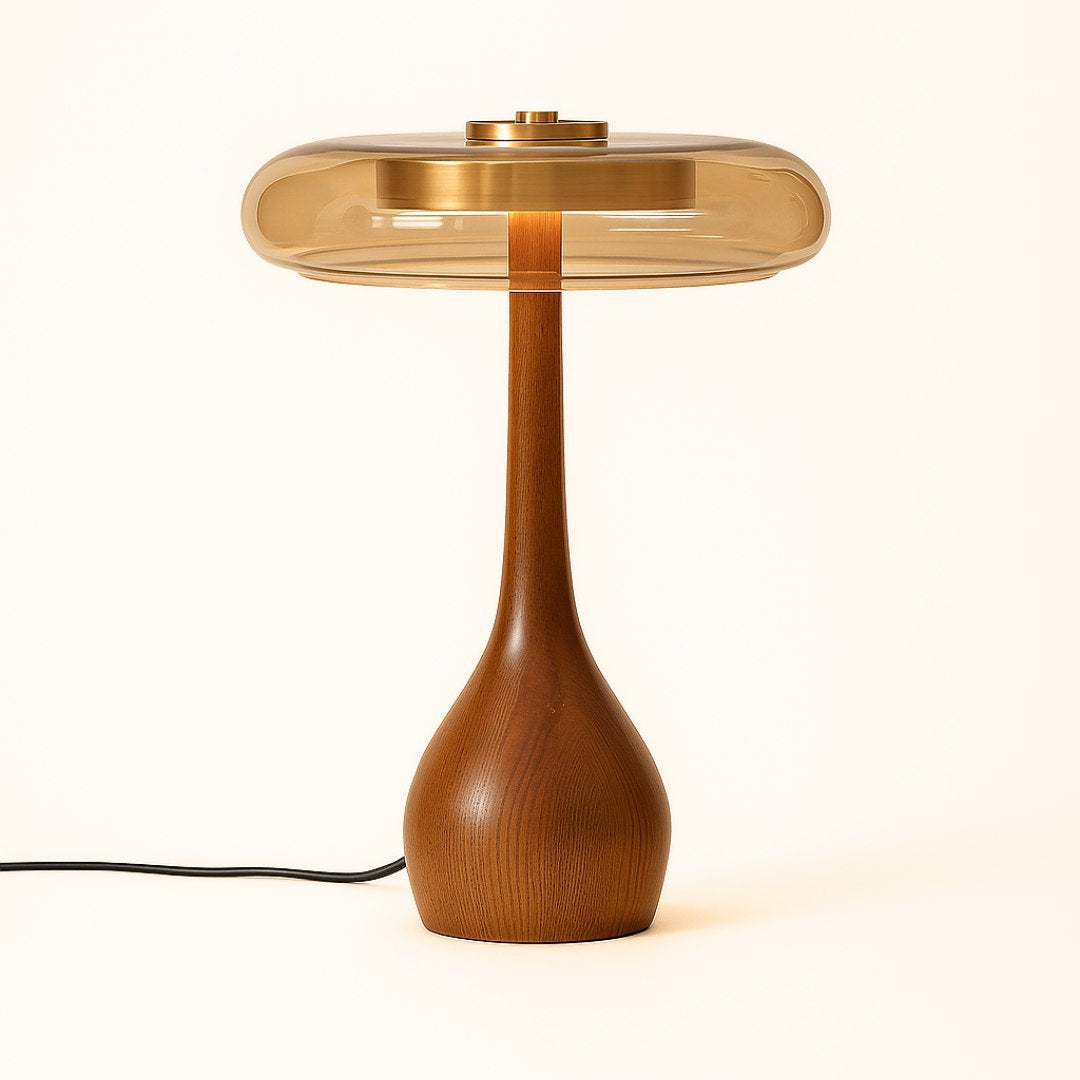 Glass Dome Table Lamp with Walnut Wood Teardrop Base and Brass Accent