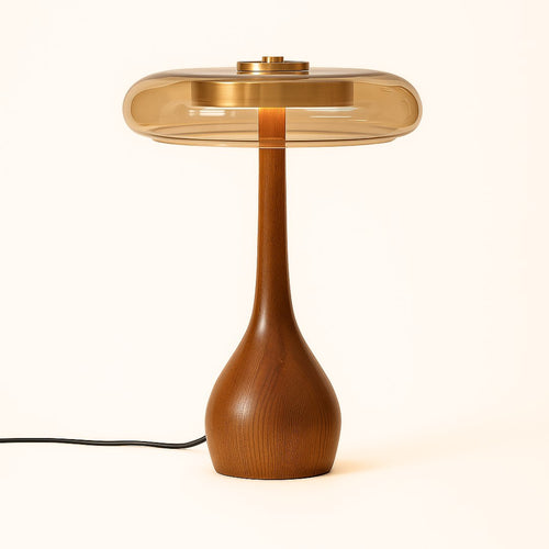 Glass Dome Table Lamp with Walnut Wood Teardrop Base and Brass Accent