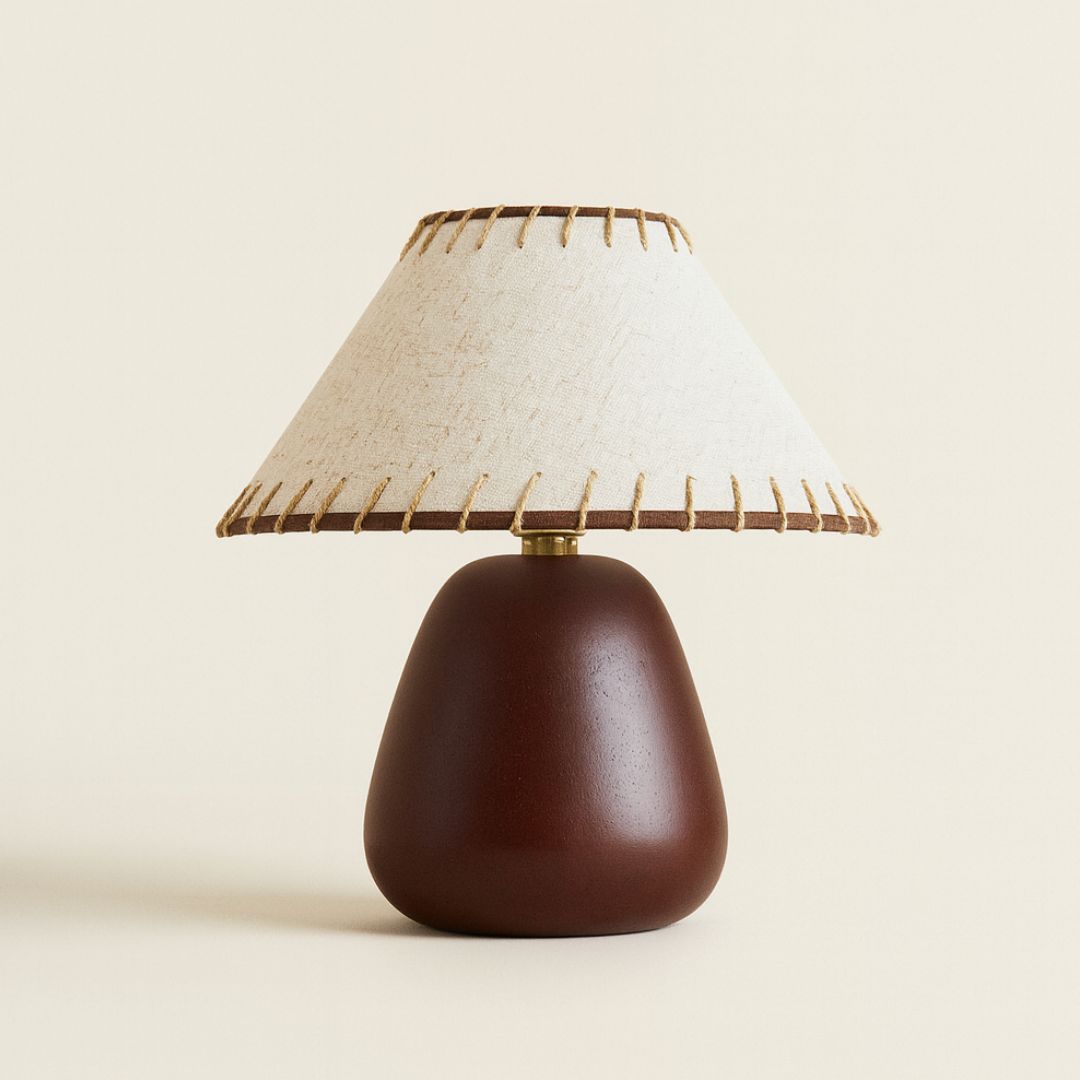 Rustic Walnut Wood Table Lamp with Linen Shade and Rope Stitch Detail