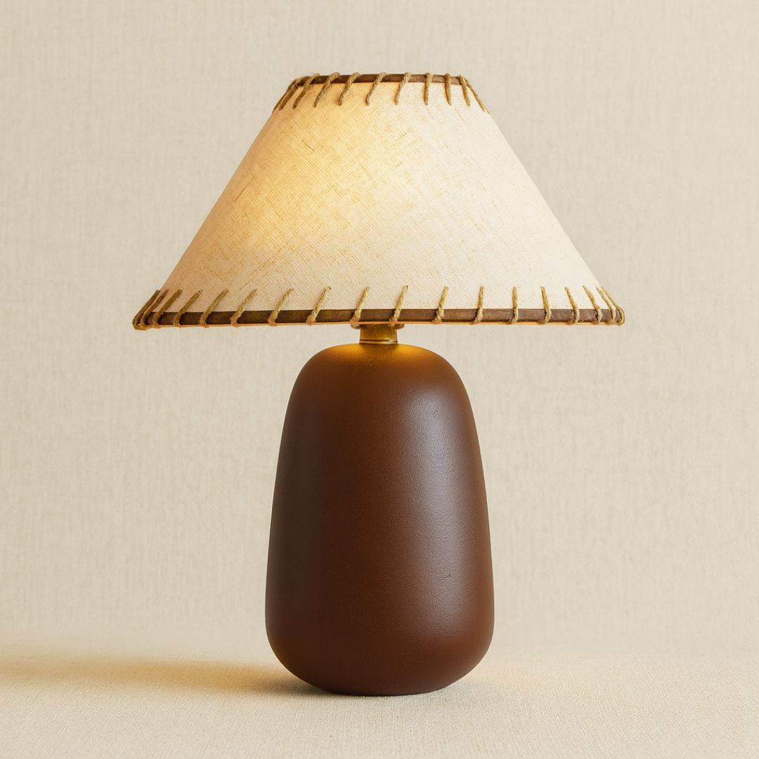 Rustic Walnut Wood Table Lamp with Linen Shade and Rope Stitch Detail