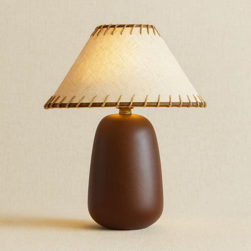 Rustic Walnut Wood Table Lamp with Linen Shade and Rope Stitch Detail