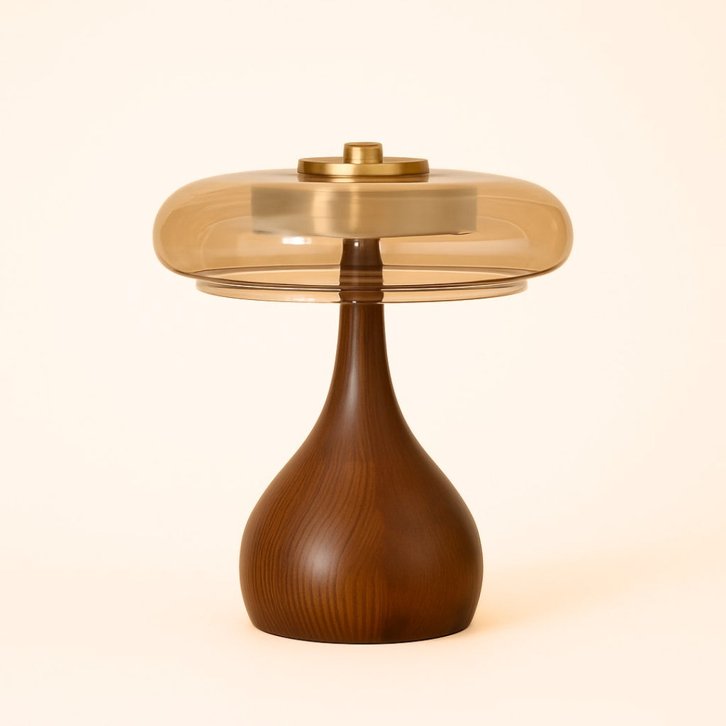 Glass Dome Table Lamp with Walnut Wood Teardrop Base and Brass Accent
