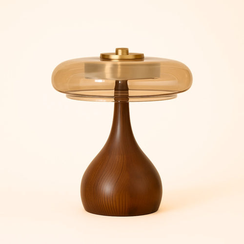 Glass Dome Table Lamp with Walnut Wood Teardrop Base and Brass Accent