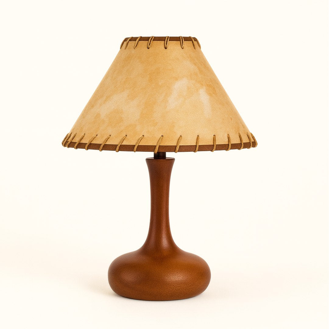 Vintage Style Brown Wood Table Lamp with Tapered Stem and Stitched Suede Shade