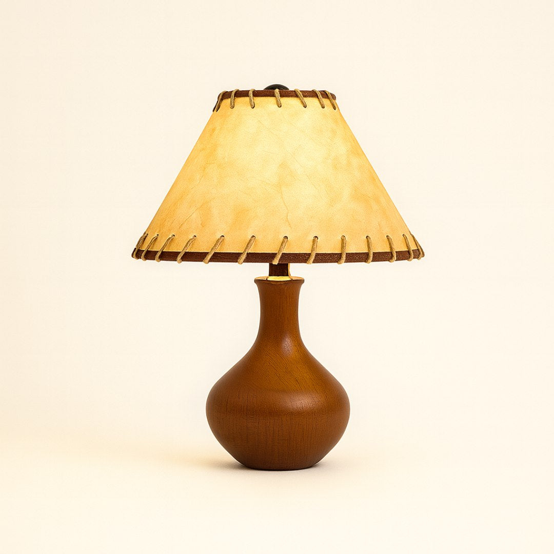 Vintage Style Brown Wood Table Lamp with Tapered Stem and Stitched Suede Shade