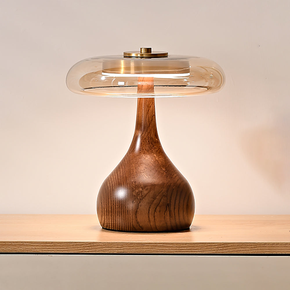 Glass Dome Table Lamp with Walnut Wood Teardrop Base and Brass Accent