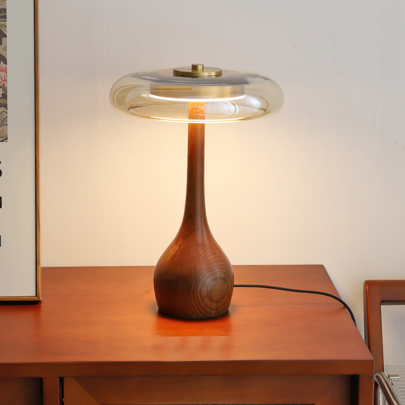 Glass Dome Table Lamp with Walnut Wood Teardrop Base and Brass Accent