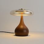 Glass Dome Table Lamp with Walnut Wood Teardrop Base and Brass Accent