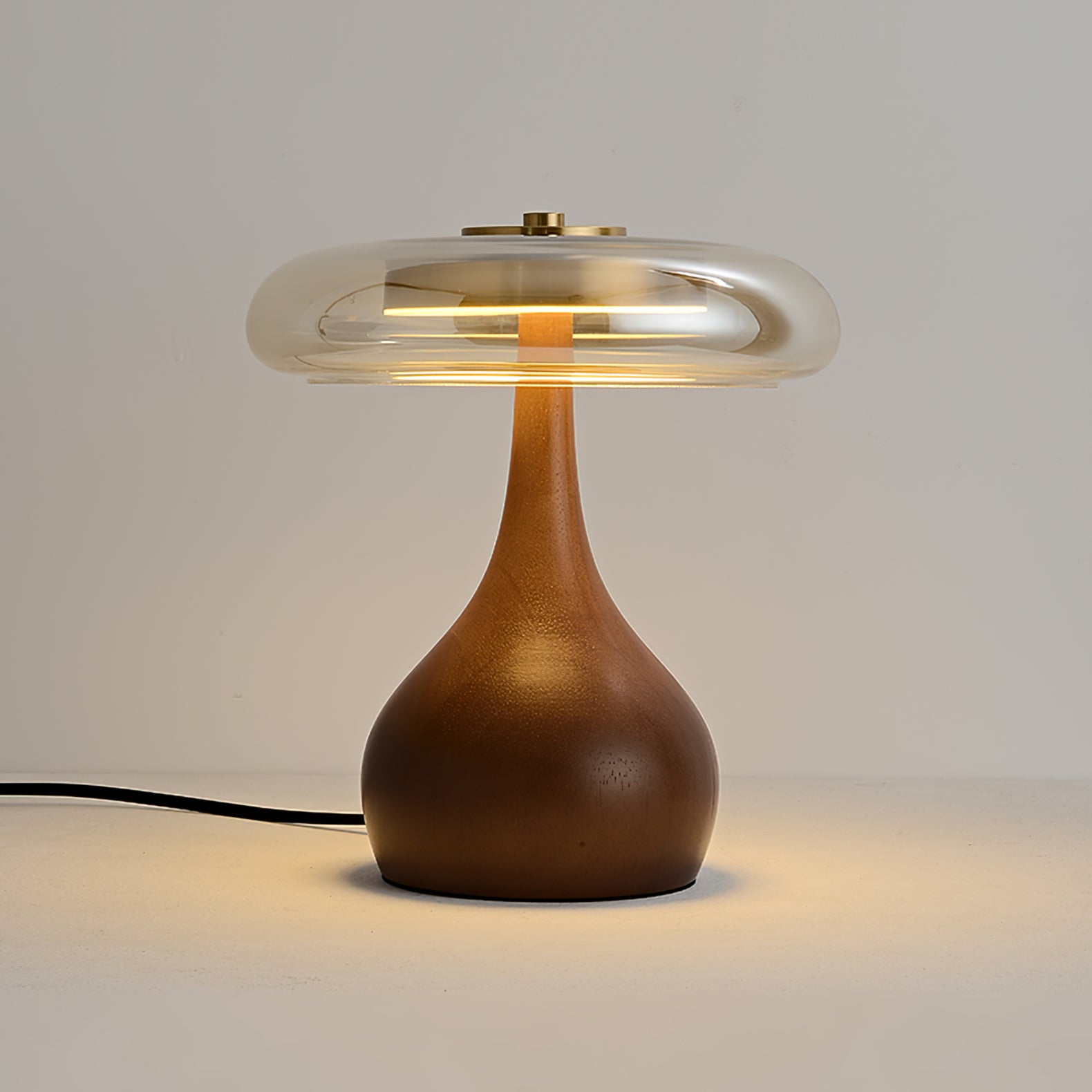 Glass Dome Table Lamp with Walnut Wood Teardrop Base and Brass Accent