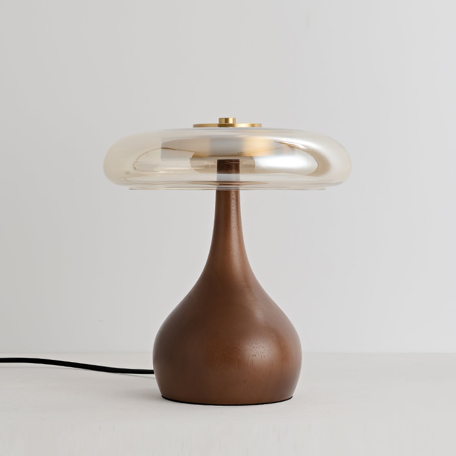 Glass Dome Table Lamp with Walnut Wood Teardrop Base and Brass Accent