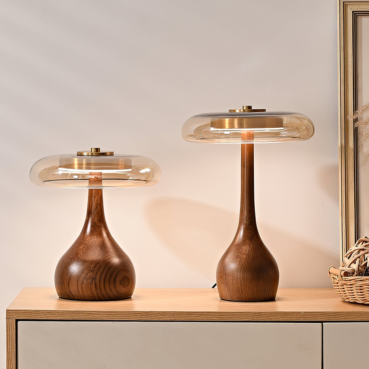 Glass Dome Table Lamp with Walnut Wood Teardrop Base and Brass Accent