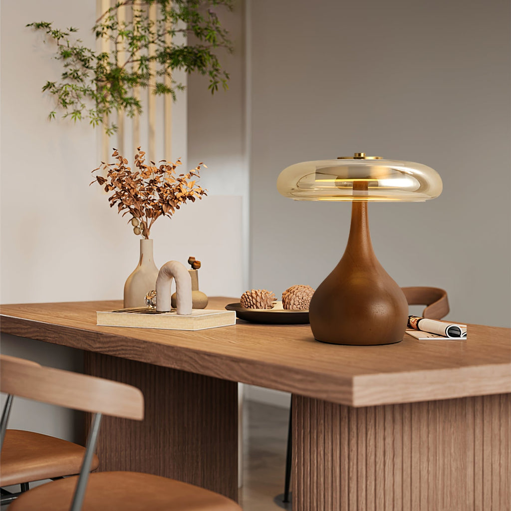 Glass Dome Table Lamp with Walnut Wood Teardrop Base and Brass Accent