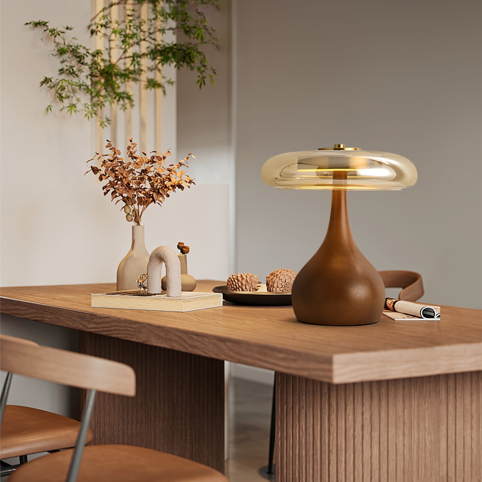 Glass Dome Table Lamp with Walnut Wood Teardrop Base and Brass Accent