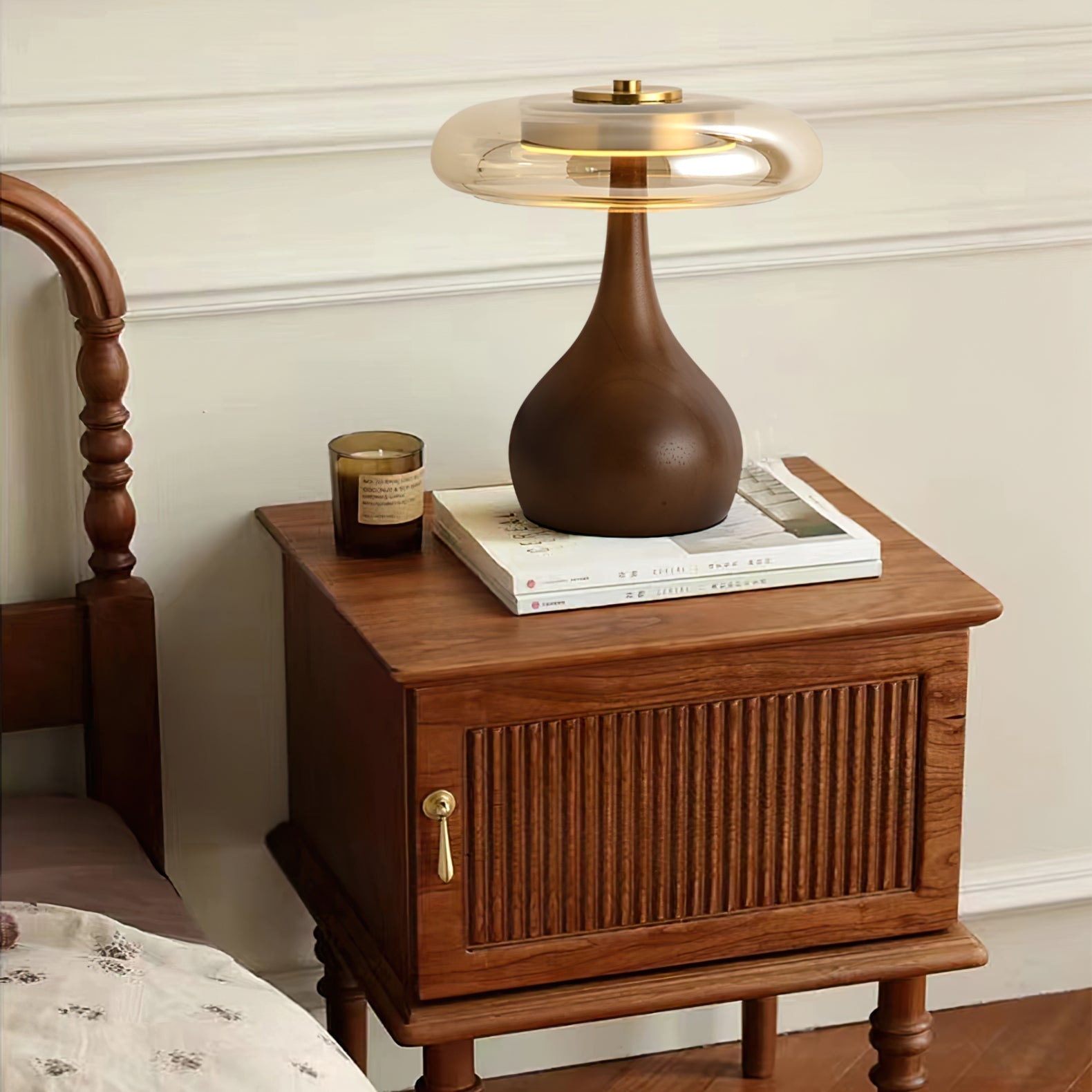 Glass Dome Table Lamp with Walnut Wood Teardrop Base and Brass Accent