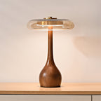Glass Dome Table Lamp with Walnut Wood Teardrop Base and Brass Accent