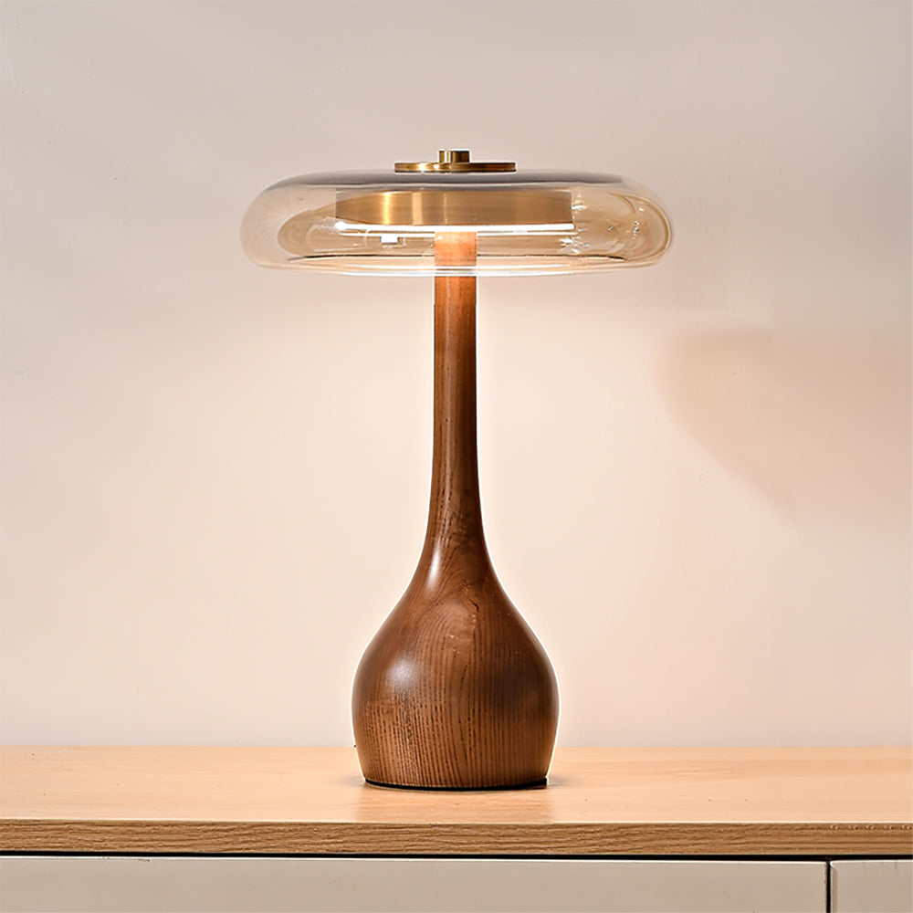 Glass Dome Table Lamp with Walnut Wood Teardrop Base and Brass Accent