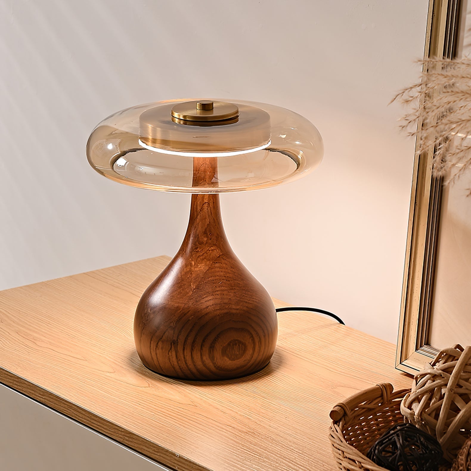 Glass Dome Table Lamp with Walnut Wood Teardrop Base and Brass Accent