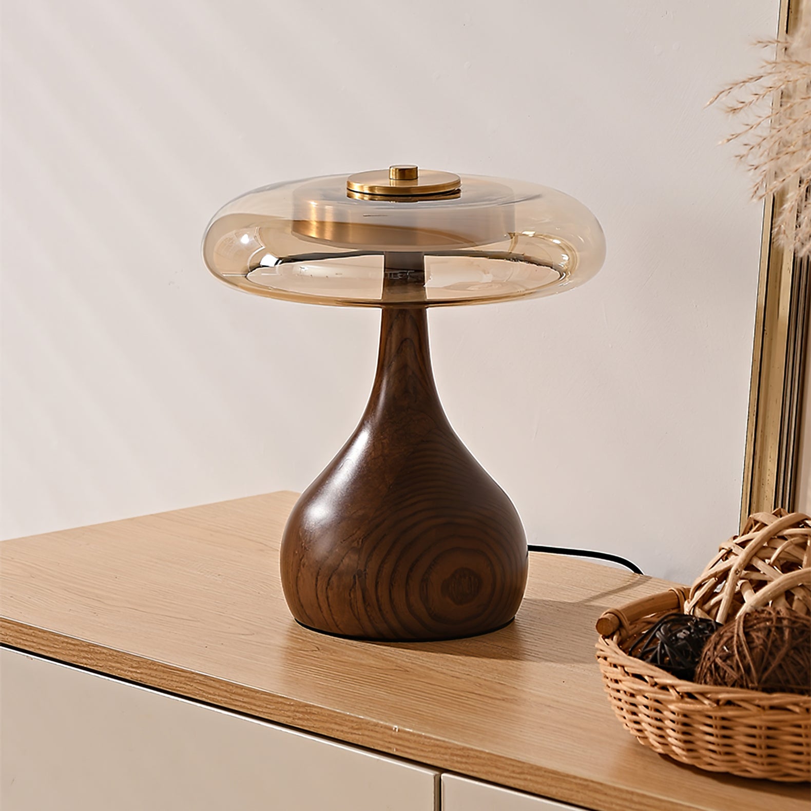 Glass Dome Table Lamp with Walnut Wood Teardrop Base and Brass Accent