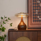 Glass Dome Table Lamp with Walnut Wood Teardrop Base and Brass Accent