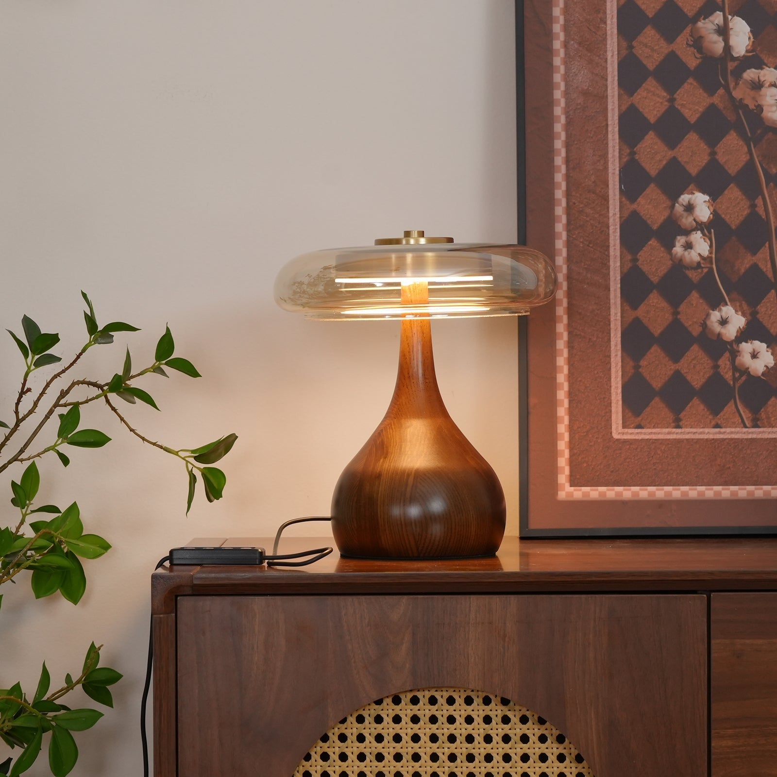 Glass Dome Table Lamp with Walnut Wood Teardrop Base and Brass Accent