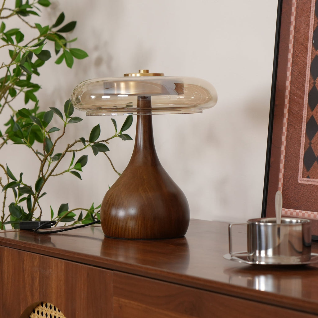 Glass Dome Table Lamp with Walnut Wood Teardrop Base and Brass Accent