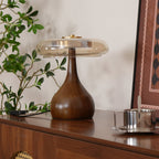 Glass Dome Table Lamp with Walnut Wood Teardrop Base and Brass Accent