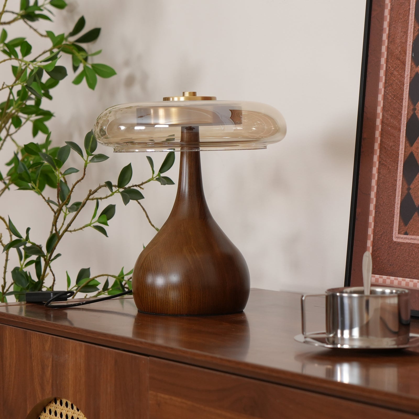 Glass Dome Table Lamp with Walnut Wood Teardrop Base and Brass Accent