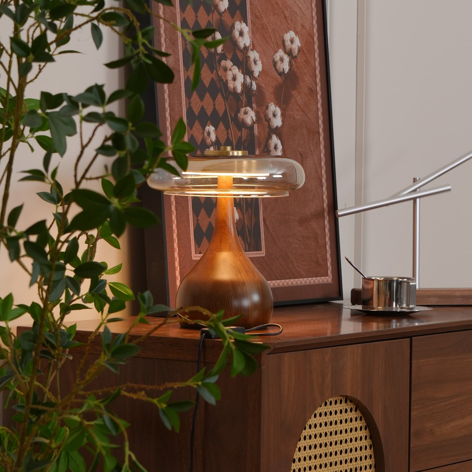Glass Dome Table Lamp with Walnut Wood Teardrop Base and Brass Accent