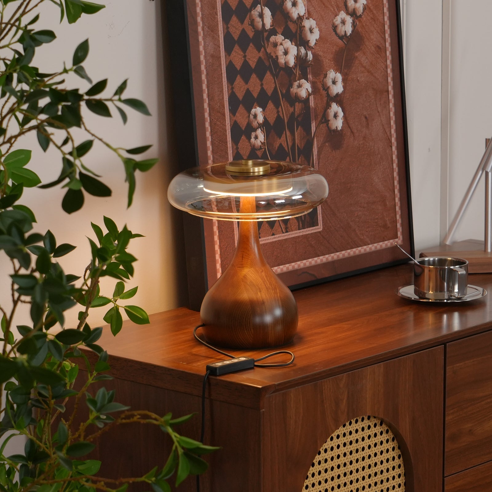 Glass Dome Table Lamp with Walnut Wood Teardrop Base and Brass Accent