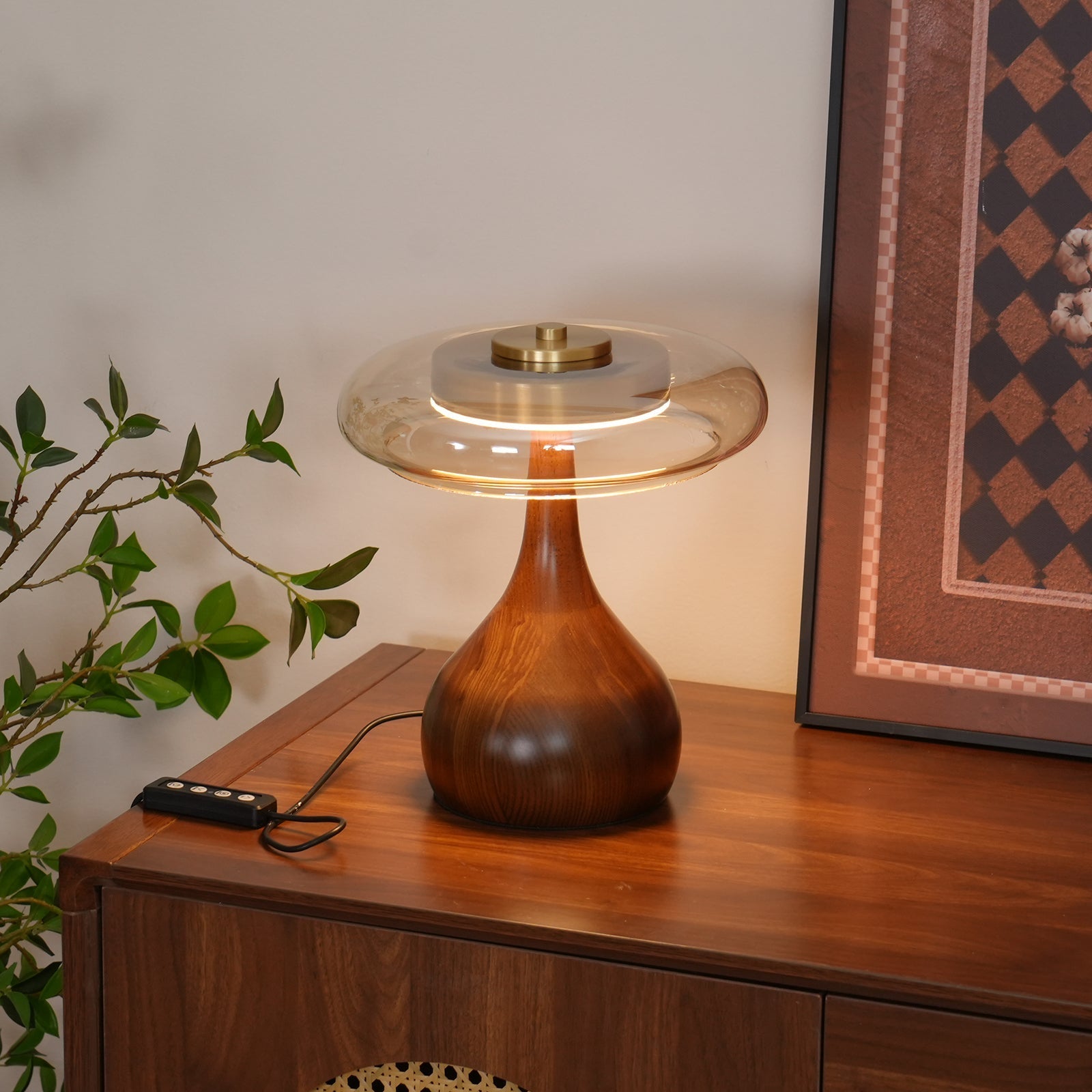 Glass Dome Table Lamp with Walnut Wood Teardrop Base and Brass Accent