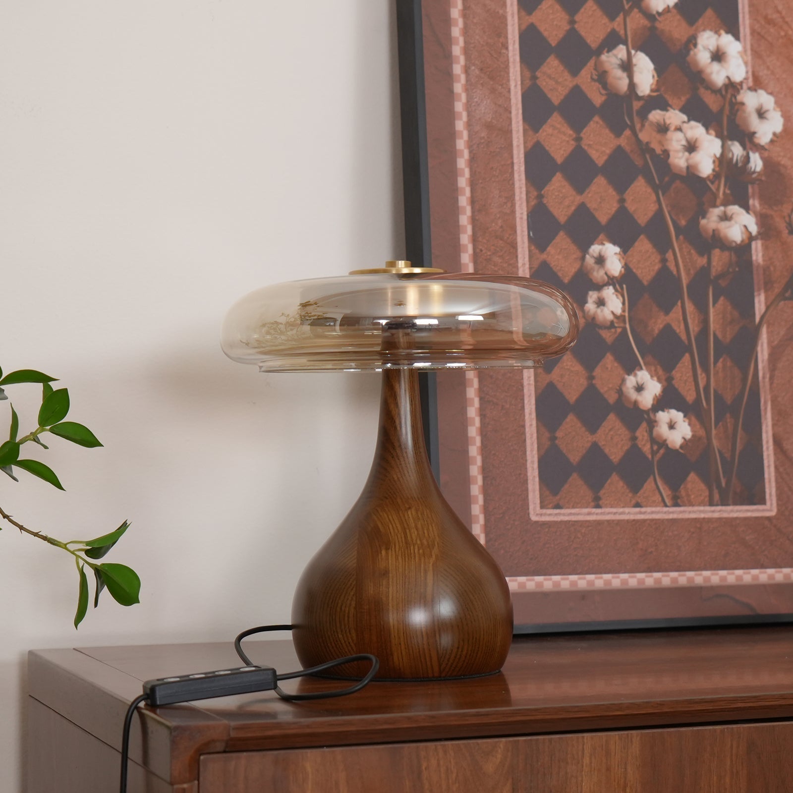 Glass Dome Table Lamp with Walnut Wood Teardrop Base and Brass Accent