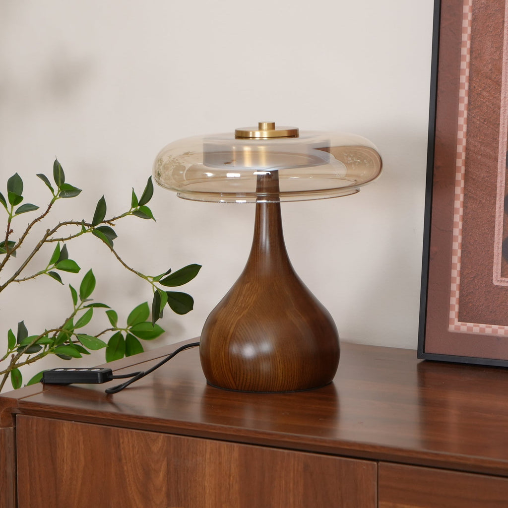 Glass Dome Table Lamp with Walnut Wood Teardrop Base and Brass Accent