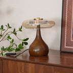 Glass Dome Table Lamp with Walnut Wood Teardrop Base and Brass Accent