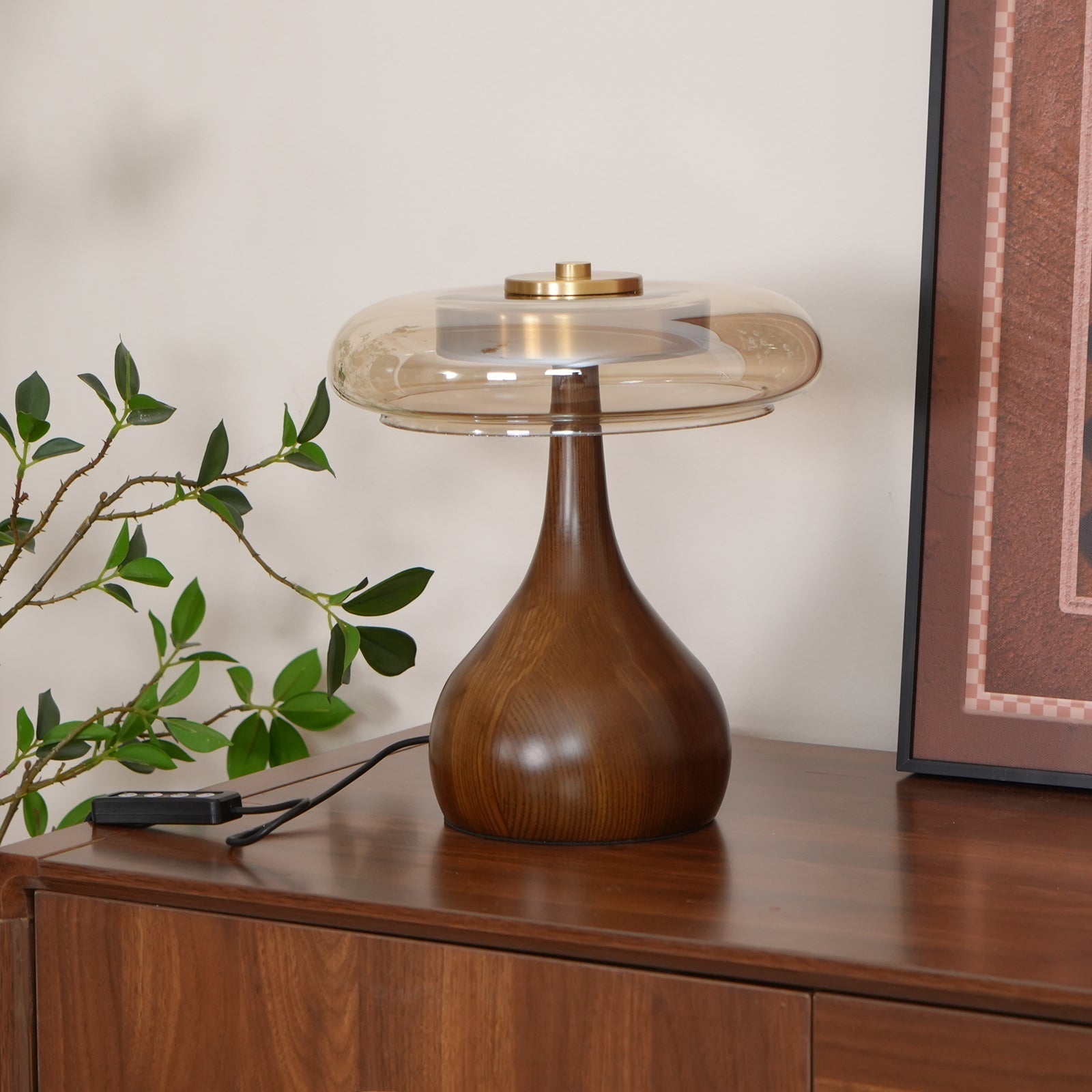 Glass Dome Table Lamp with Walnut Wood Teardrop Base and Brass Accent