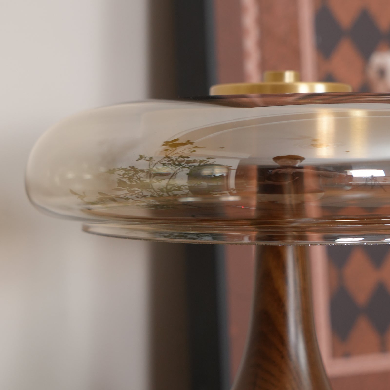 Glass Dome Table Lamp with Walnut Wood Teardrop Base and Brass Accent