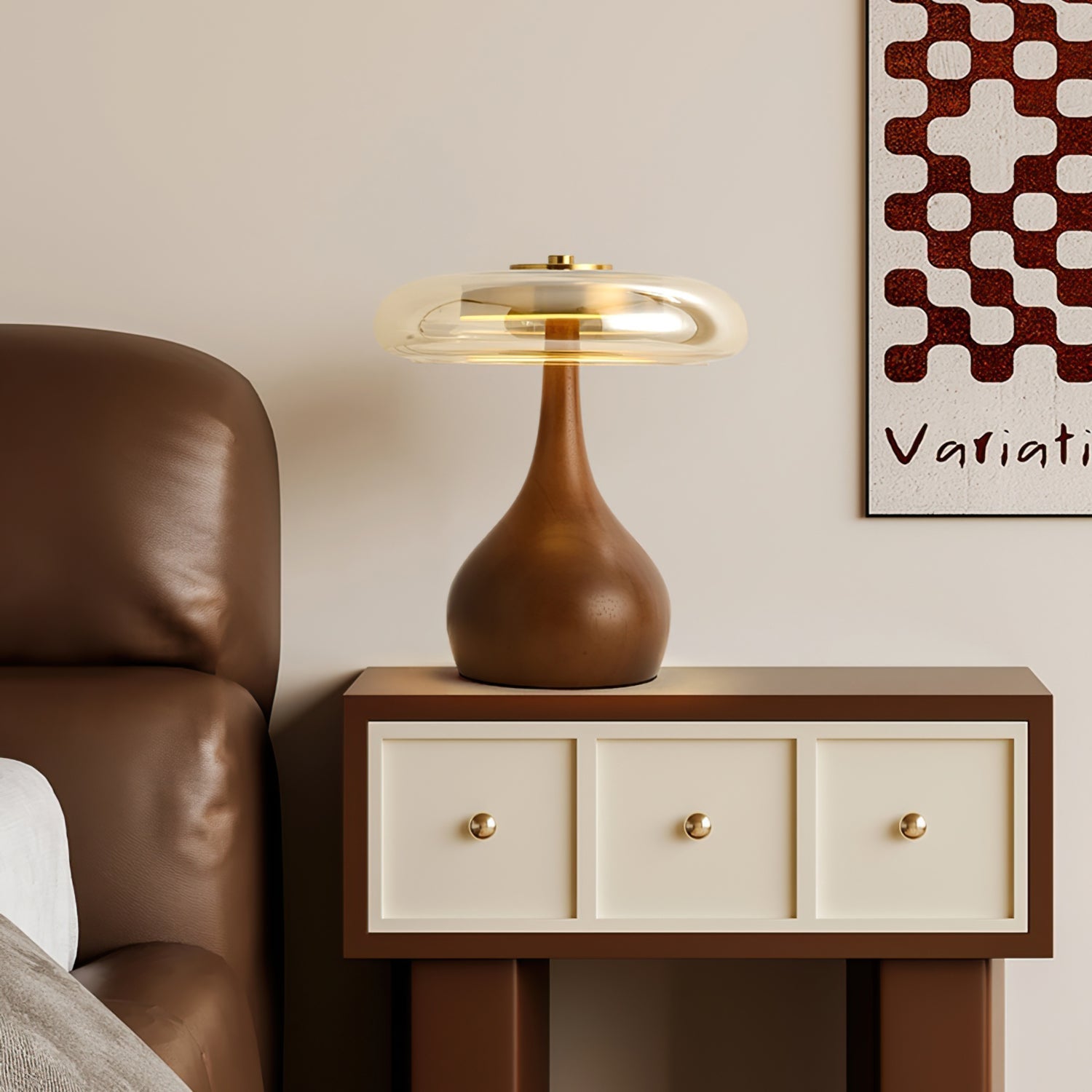 Glass Dome Table Lamp with Walnut Wood Teardrop Base and Brass Accent