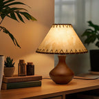 Vintage Style Brown Wood Table Lamp with Tapered Stem and Stitched Suede Shade