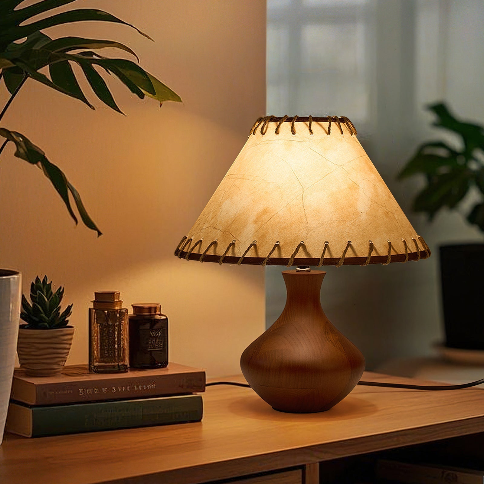 Vintage Style Brown Wood Table Lamp with Tapered Stem and Stitched Suede Shade