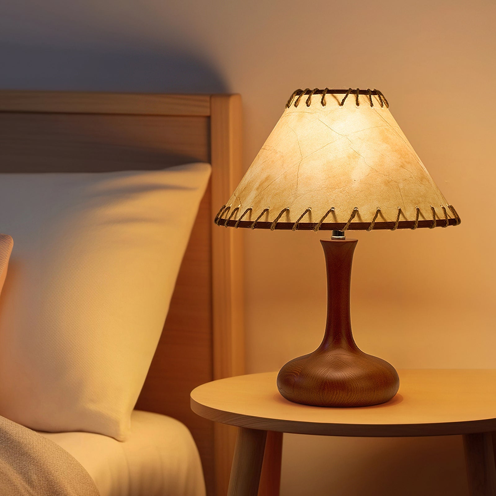 Vintage Style Brown Wood Table Lamp with Tapered Stem and Stitched Suede Shade