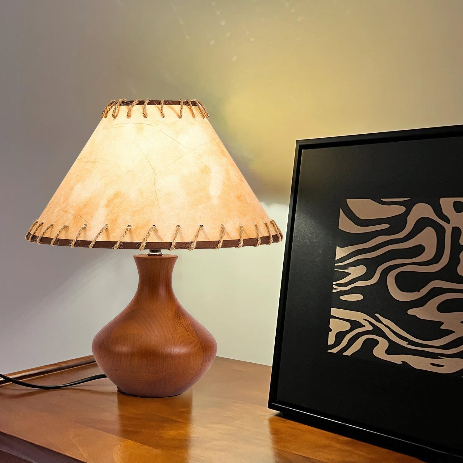 Vintage Style Brown Wood Table Lamp with Tapered Stem and Stitched Suede Shade