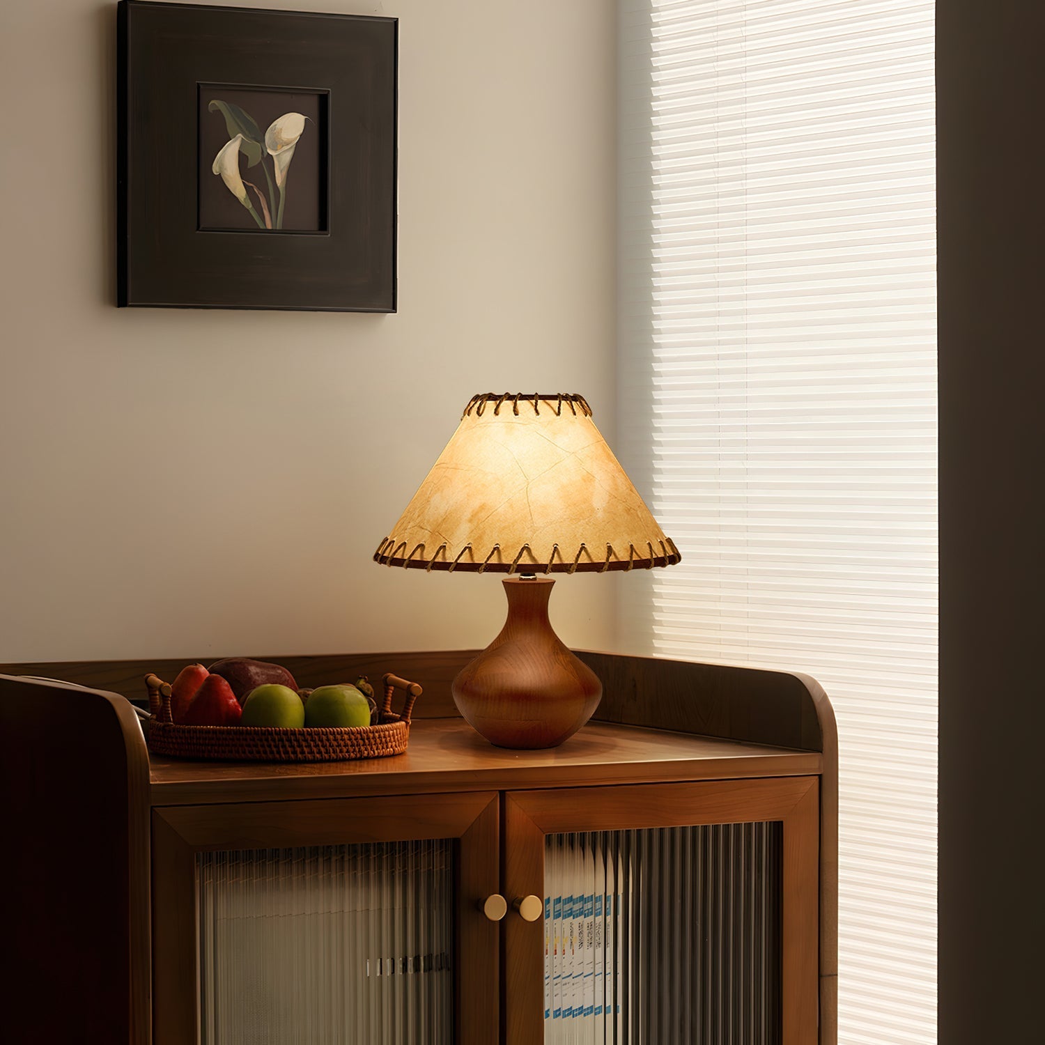 Vintage Style Brown Wood Table Lamp with Tapered Stem and Stitched Suede Shade