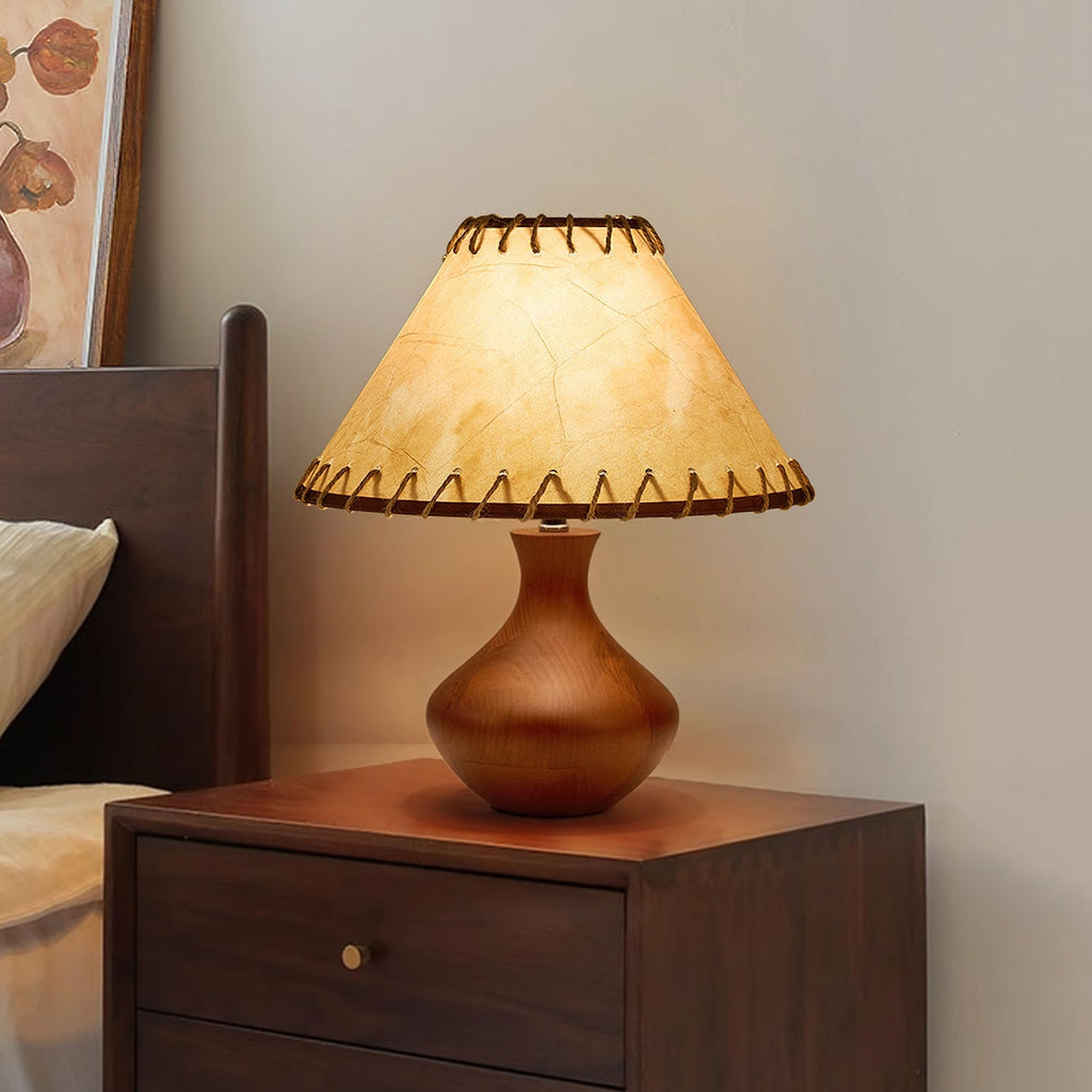 Vintage Style Brown Wood Table Lamp with Tapered Stem and Stitched Suede Shade