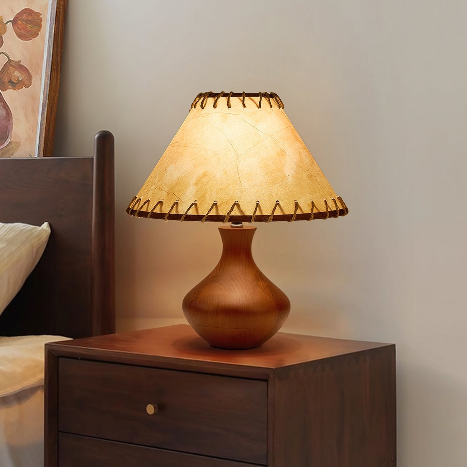 Vintage Style Brown Wood Table Lamp with Tapered Stem and Stitched Suede Shade
