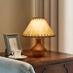 Vintage Style Brown Wood Table Lamp with Tapered Stem and Stitched Suede Shade