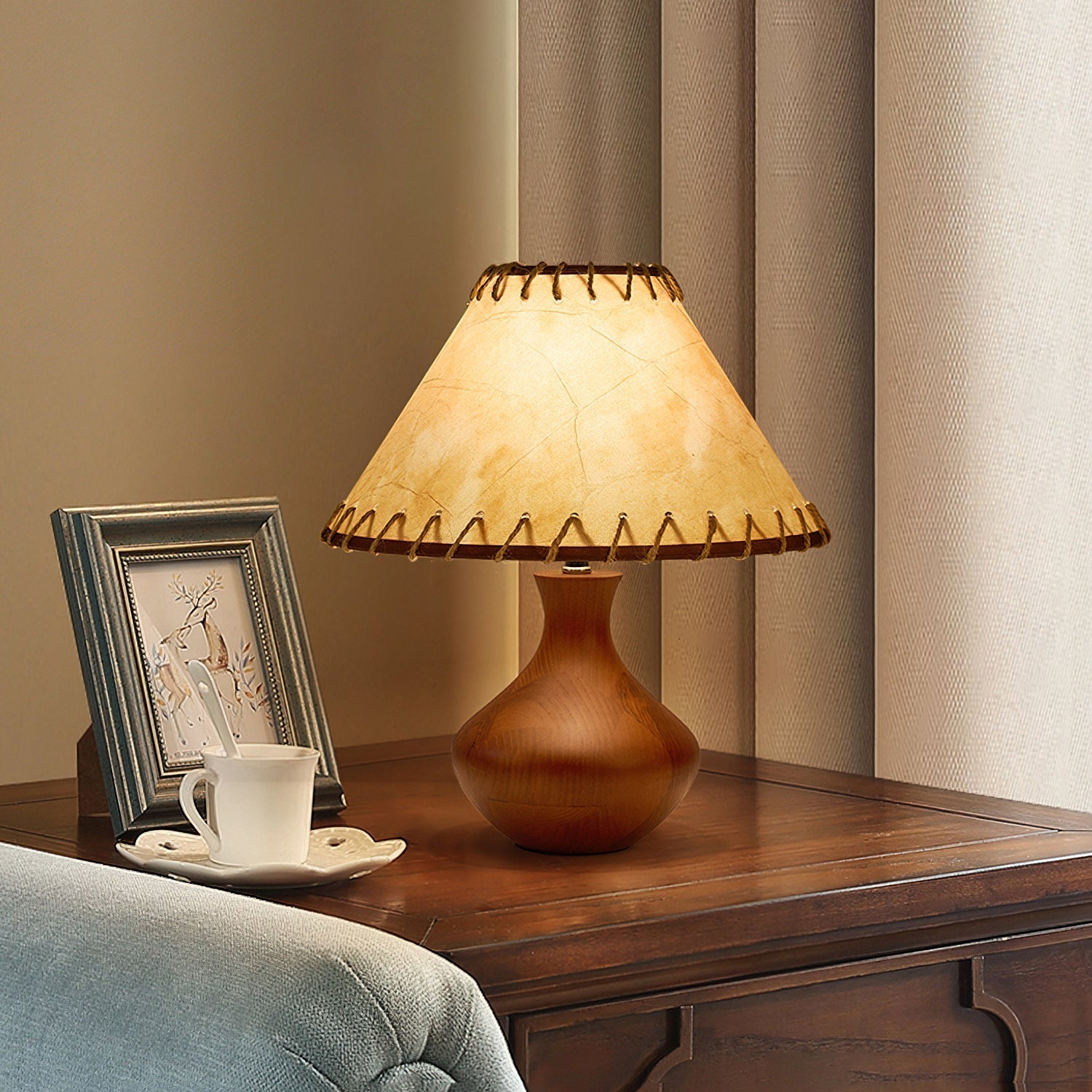 Vintage Style Brown Wood Table Lamp with Tapered Stem and Stitched Suede Shade