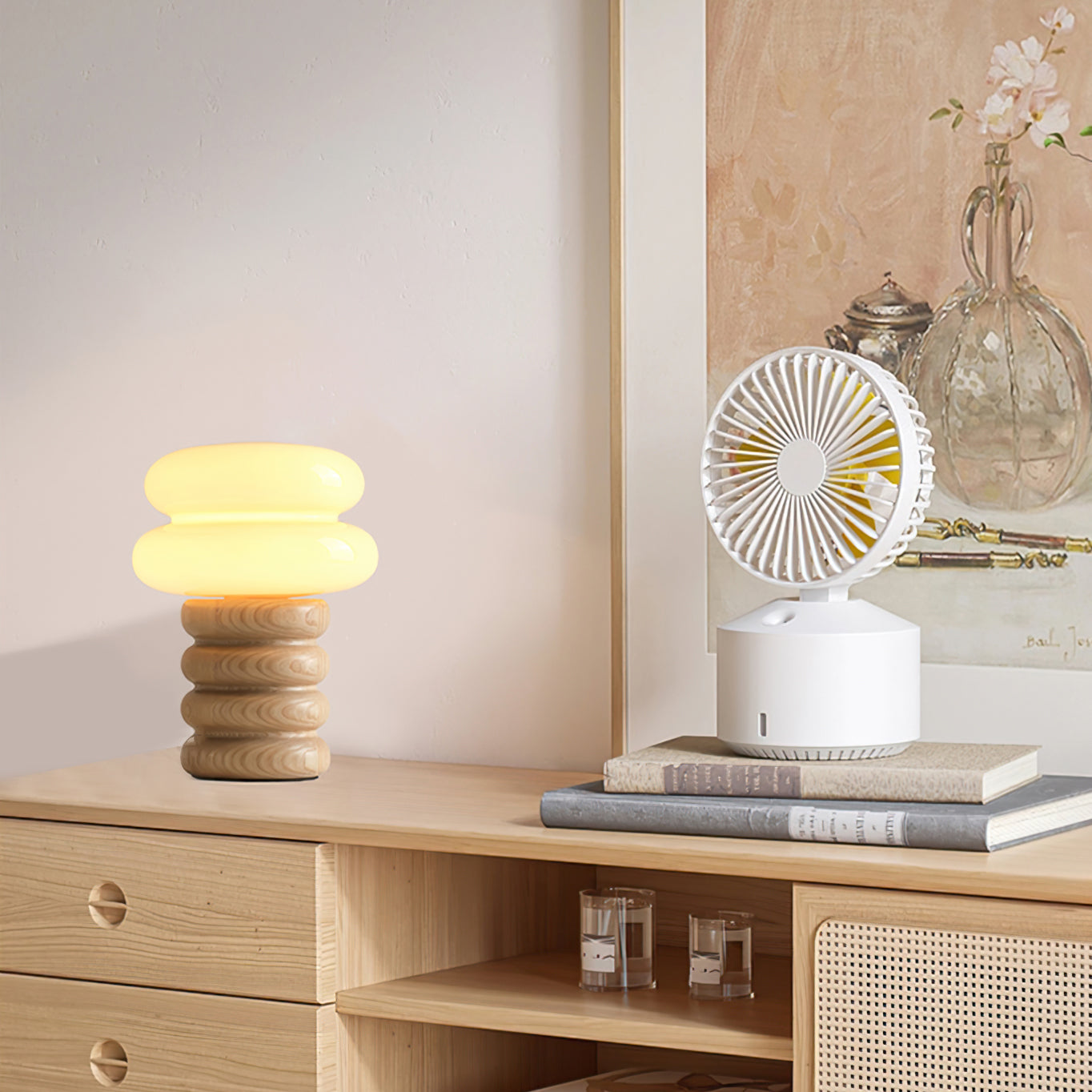 Cream Glass Mushroom Table Lamp with Donut Ash Wood Base