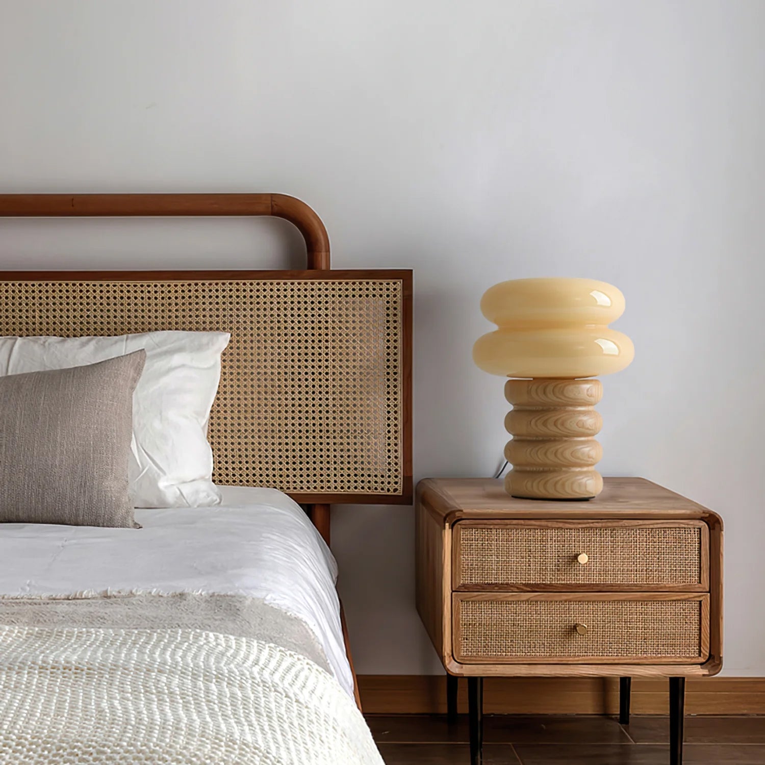 Cream Glass Mushroom Table Lamp with Donut Ash Wood Base