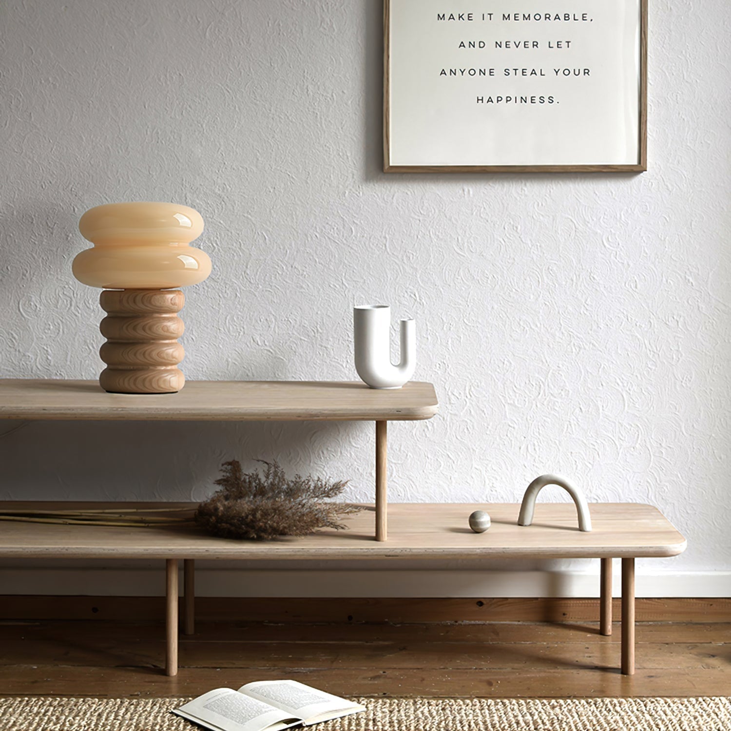 Cream Glass Mushroom Table Lamp with Donut Ash Wood Base