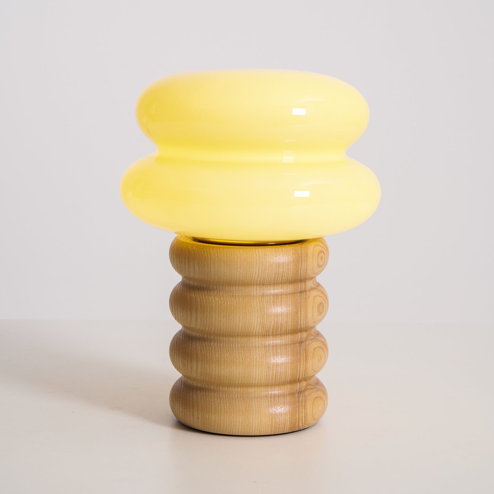 Cream Glass Mushroom Table Lamp with Donut Ash Wood Base