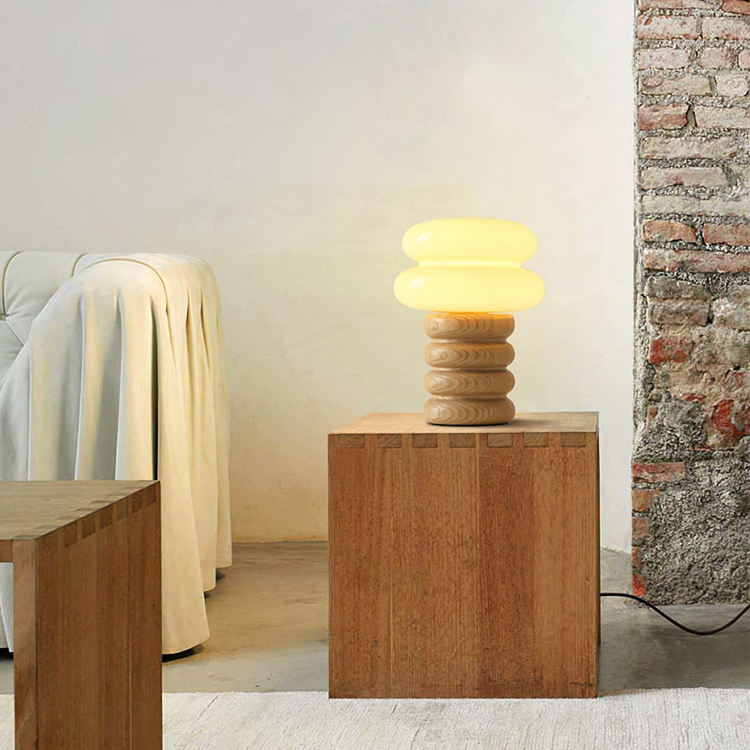 Cream Glass Mushroom Table Lamp with Donut Ash Wood Base